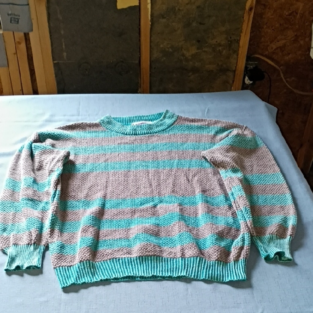 Men's Striped Crewneck Sweater in Teal and Beige